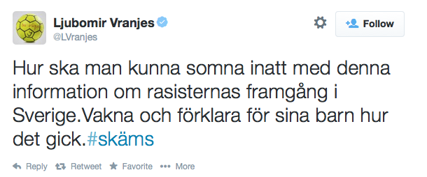Twitter, Riksdagsvalet 2014, Ljubomir Vranjes, Sverigedemokraterna